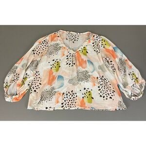 ODDI Blouse Top Women's 3X V Neck Abstract Art‎ Print Balloon Sleeve Rayon *Flaw